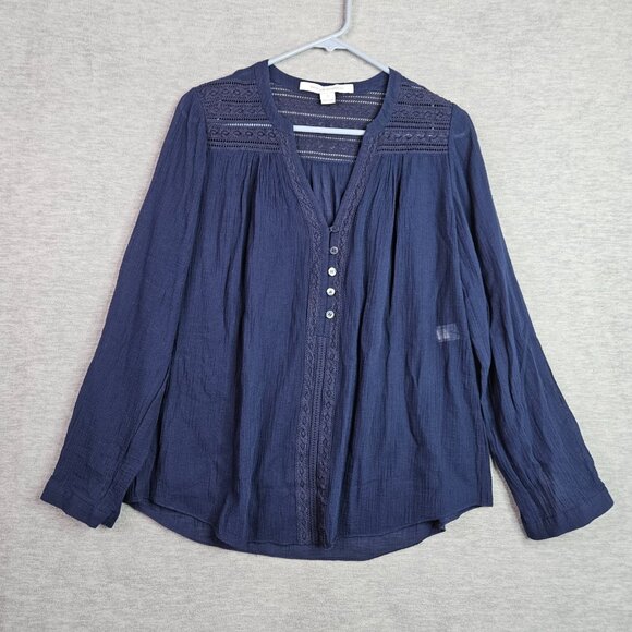 Diane von Furstenberg Tops - Diane von Furstenberg Women's Size 6 Navy Lace Trim Long Sleeve Blouse